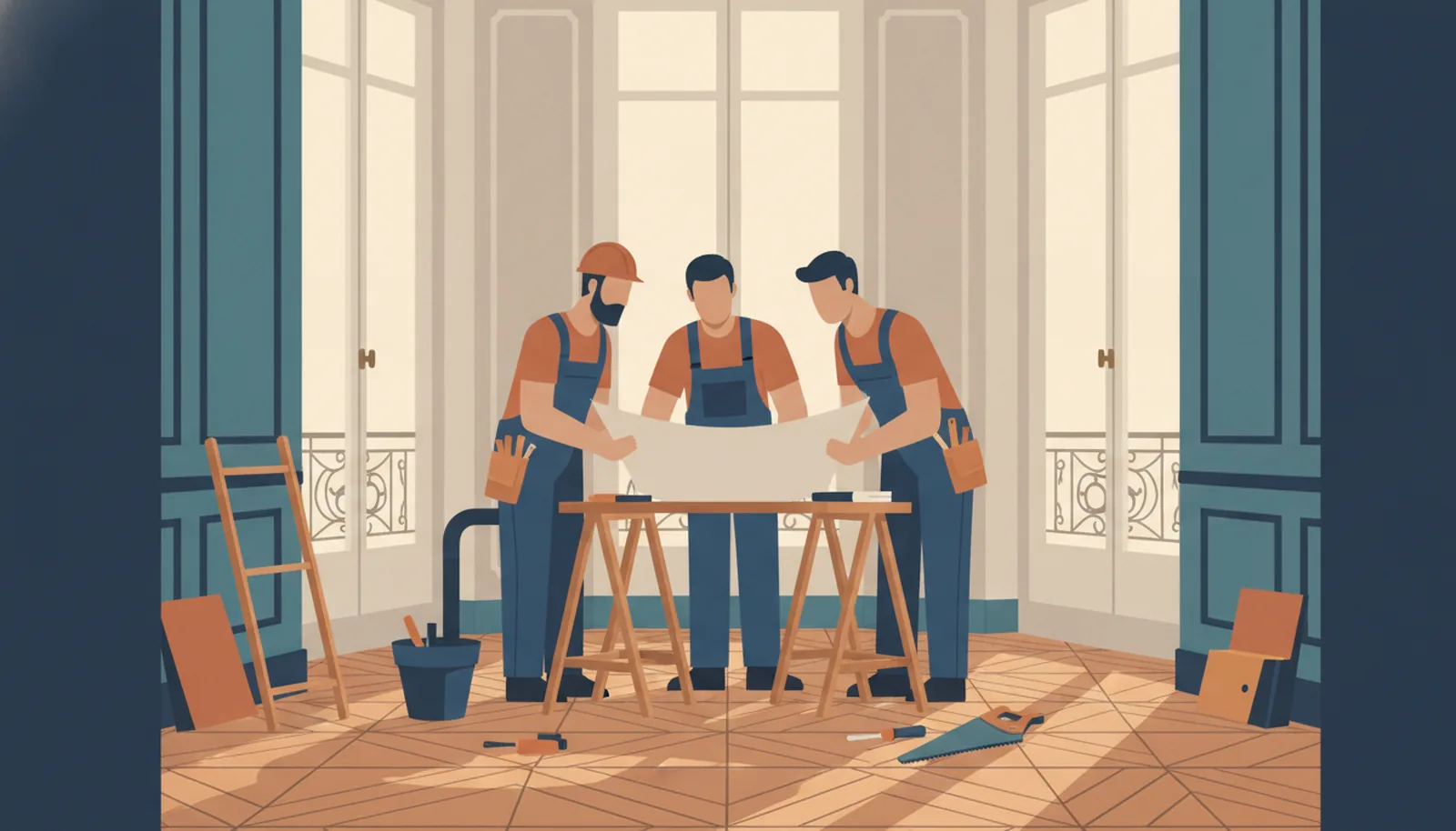 Des artisans du bâtiment échangent sur un chantier d'appartement parisien