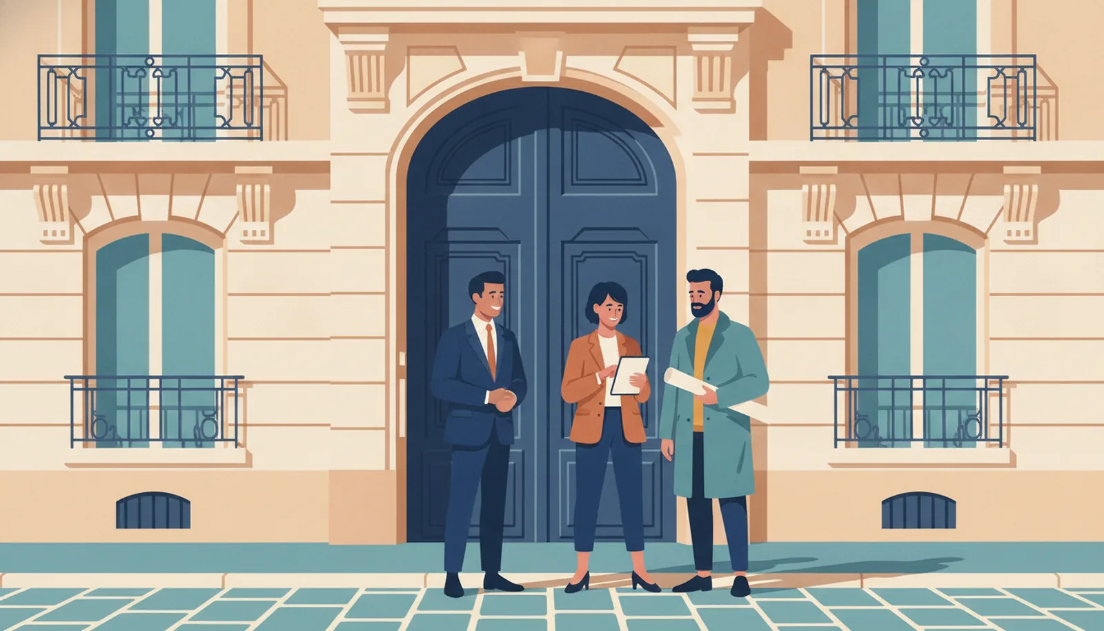 Des professionnels de l'immobilier devant un immeuble parisien, plans à la main