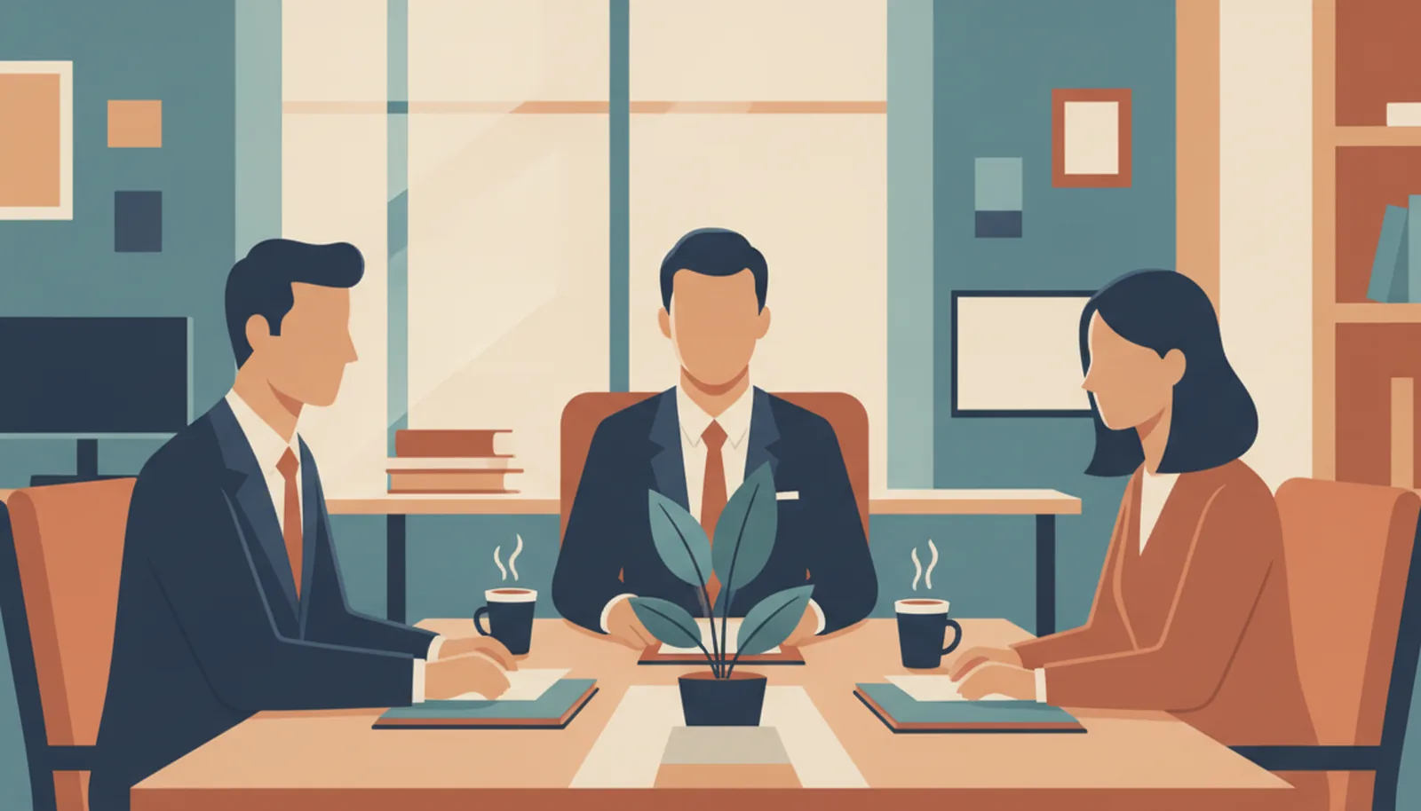 Un dirigeant et deux conseillers échangent autour d'une table, le matin, dans un bureau lumineux