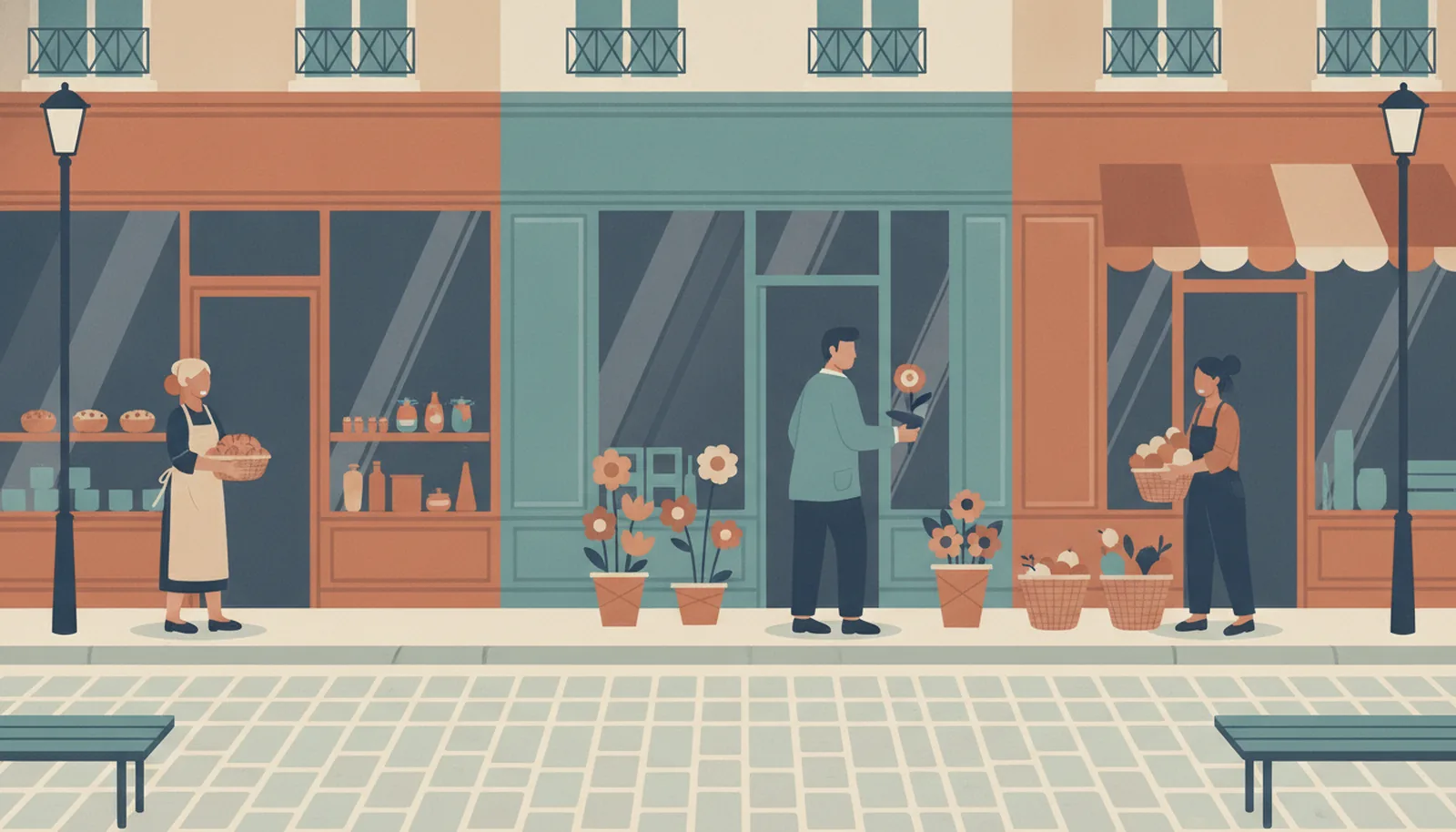 Une rue commerçante parisienne au petit matin, des commerçants ouvrent leur boutique