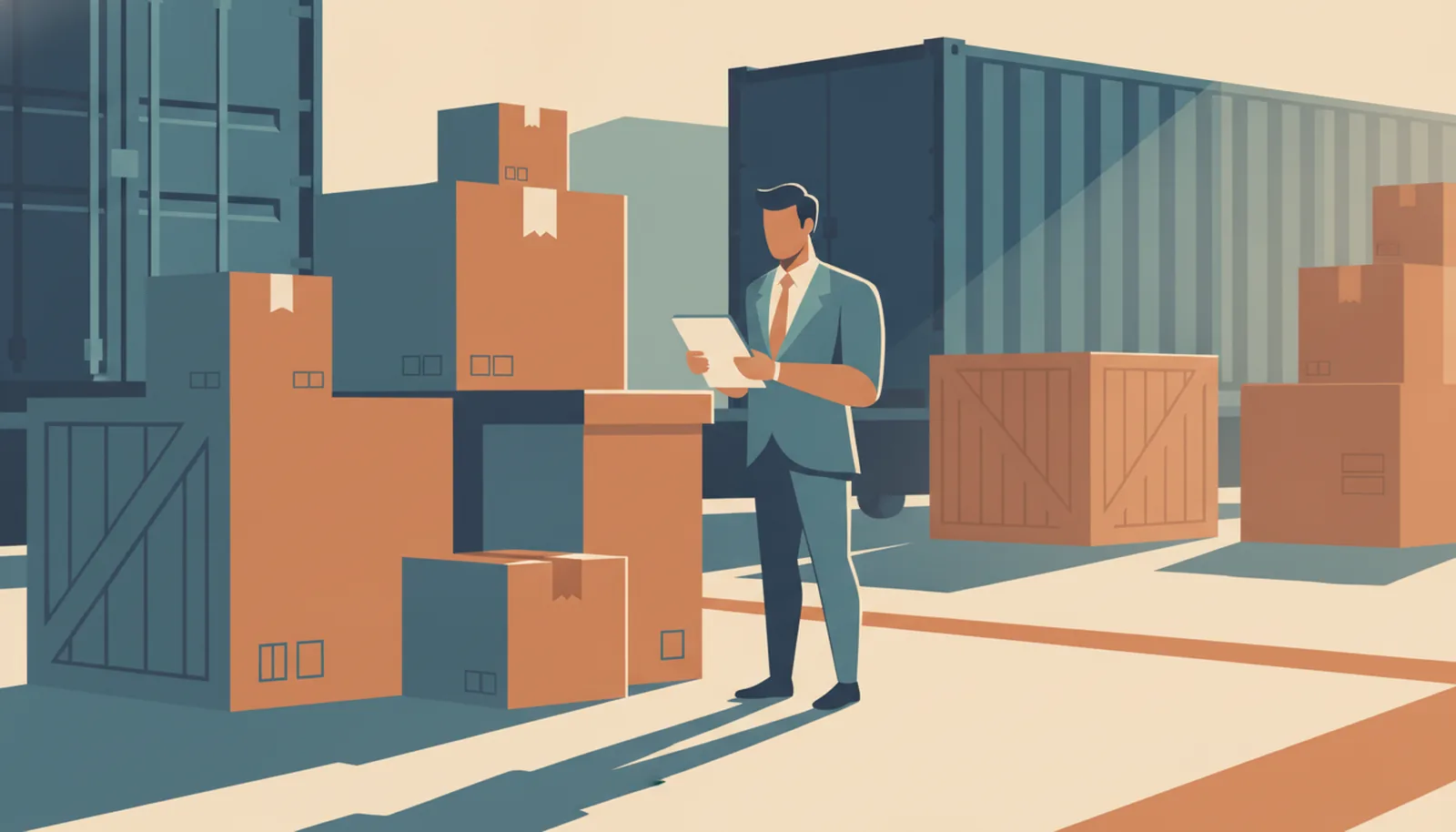 Des cartons d'expédition sur un quai, un dirigeant vérifie un bon de livraison