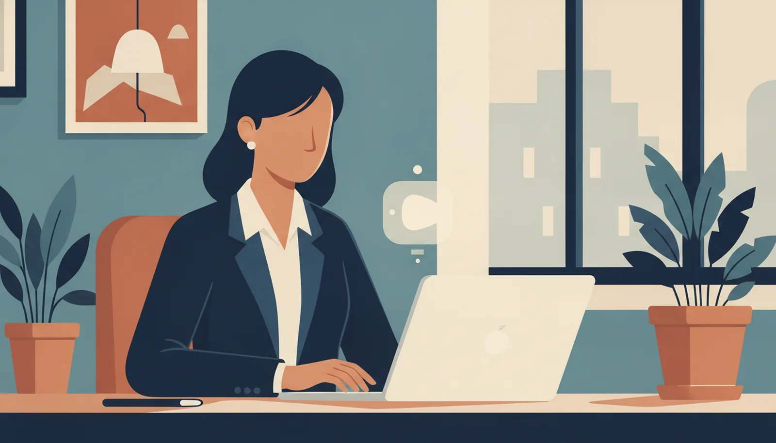 Une dirigeante travaille avec un assistant numérique sur son ordinateur, dans un bureau lumineux