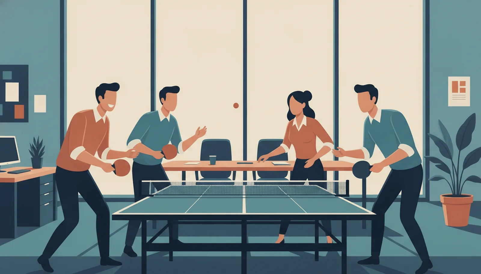 Des dirigeants en chemise jouent au ping-pong dans une salle lumineuse